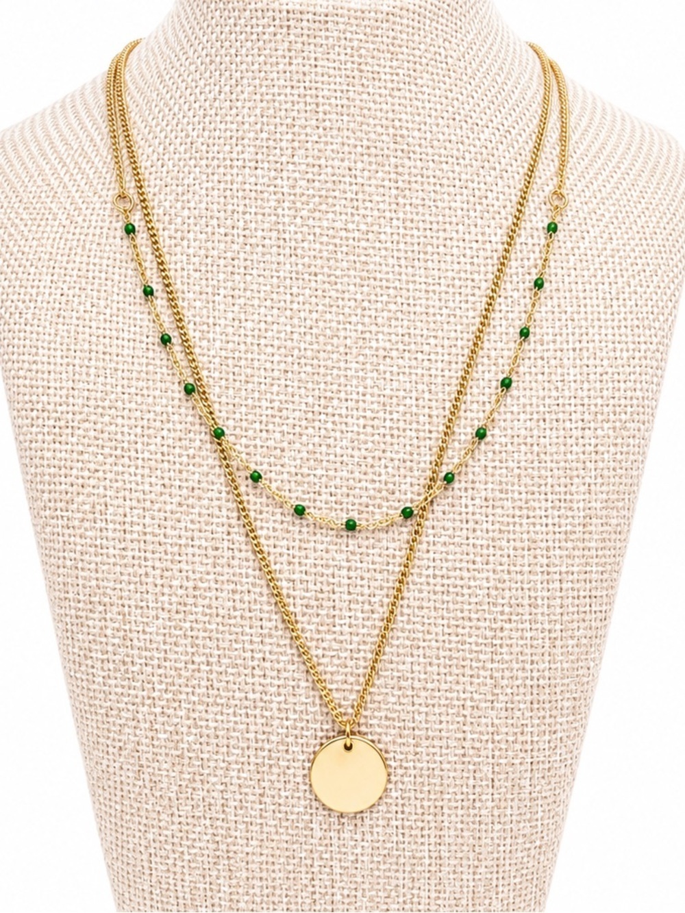 Gold Layered Green Beaded Coin Pendant Necklace Minimalist Boho Adjustable - Picture 1 of 6